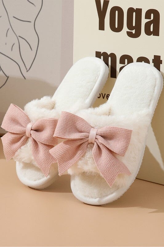 White Bow Open Toe Plush Slippers Open toe slipper Poet Street Boutique 