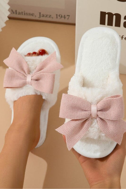 White Bow Open Toe Plush Slippers Open toe slipper Poet Street Boutique White 37 