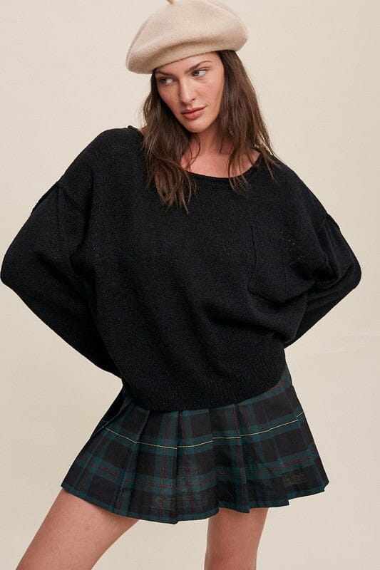 Wide Neck Crop Knit Sweater Listicle Black S 
