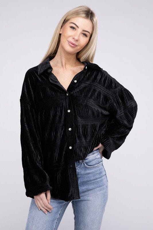 Wrinkle Effect Tiered Shirring Velvet Shirt velvet blouse BiBi 
