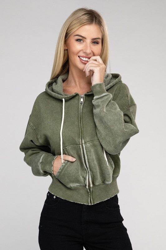 Zenana Acid Wash Fleece Cropped Zip-Up Hoodie crop hoodie ZENANA LT OLIVE S 