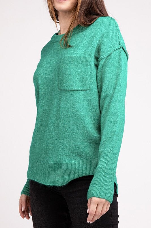 Zenana Melange Hi-Low Hem Round Neck Sweater melange hi low sweater ZENANA H K GREEN S/M 