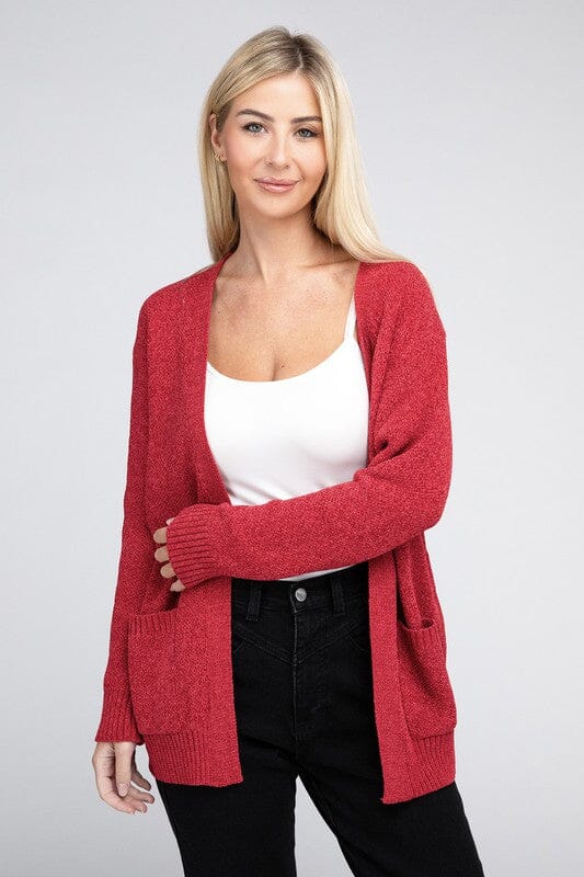 Zenana Melange Open Front Cardigan Sweater cardigan ZENANA DK RED S 