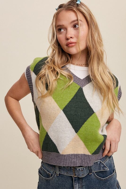 Argyle Cropped Sweater Vest sweater vest Listicle Green Multi S 