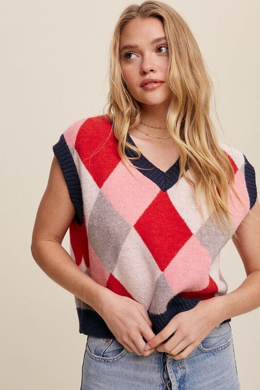 Argyle Cropped Sweater Vest sweater vest Listicle Pink Multi S 