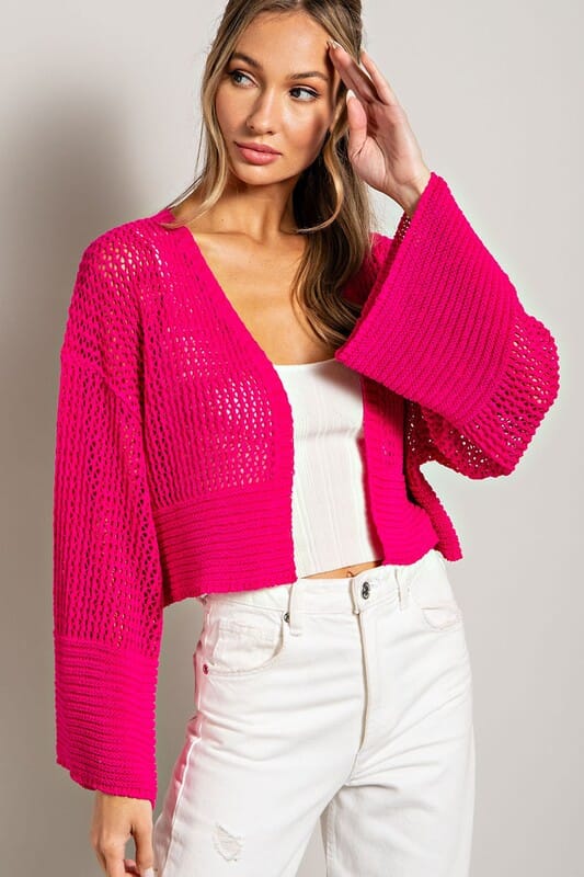 Eye Opening Knit Cardigan Sweater cardigan eesome HOT PINK S 