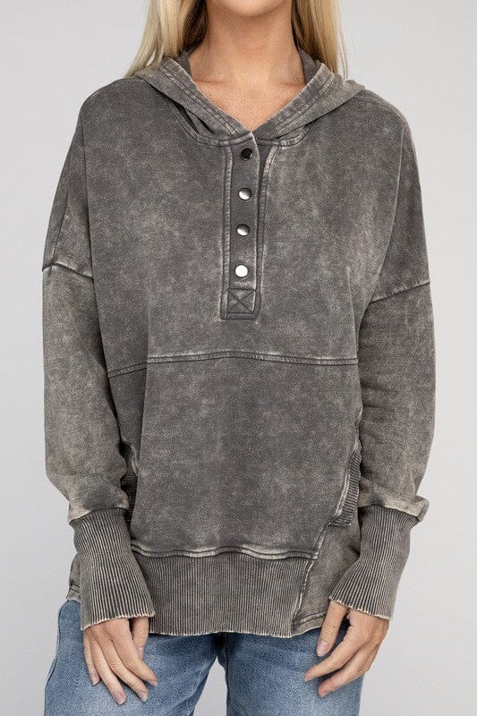 French Terry Cotton Acid Wash Hoodie pullover sweatshirt ZENANA MOCHA GREY S 