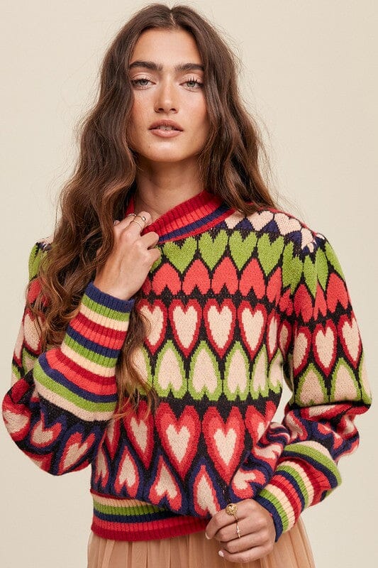 Full of Heart Mock Neck Puff Sleeve Knit Sweater pattern sweater Listicle Red Multi S 
