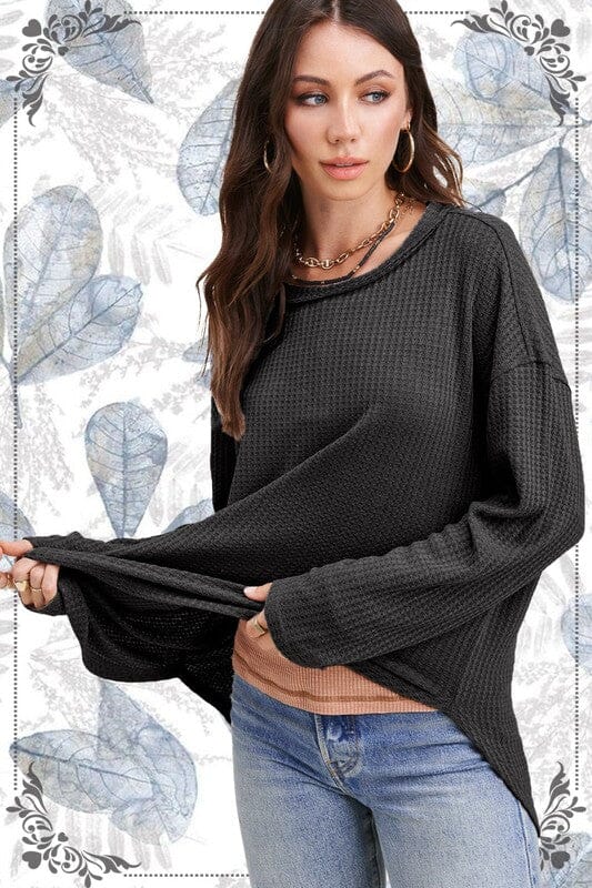 La Miel Bree Waffle Top long sleeve waffle top La Miel BLACK S 