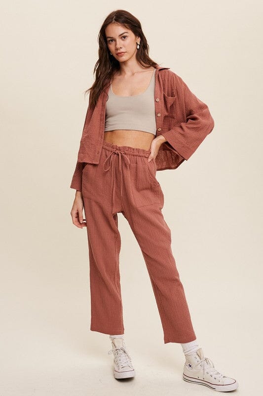 Long Sleeve Button Down and Long Pants Sets Listicle Mocha S 