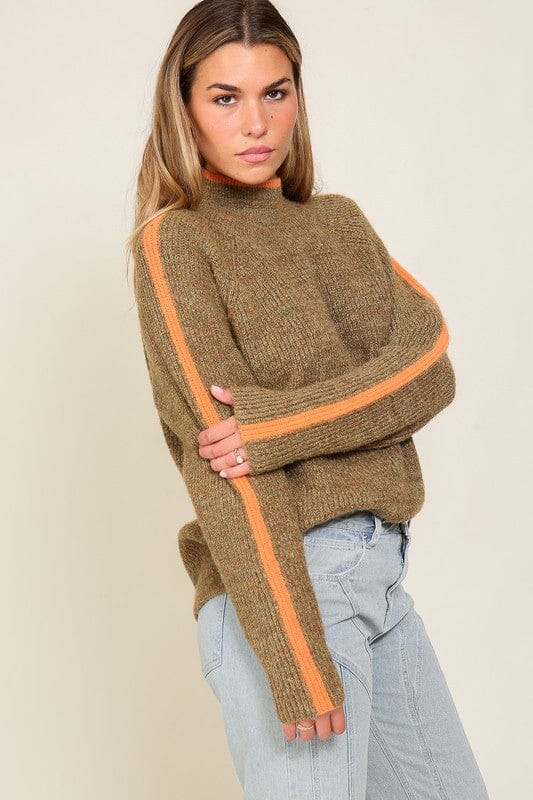 Marled Raglan Sleeve Funnel Neck Sweater sweater Lumiere BROWN/ORANGE S 