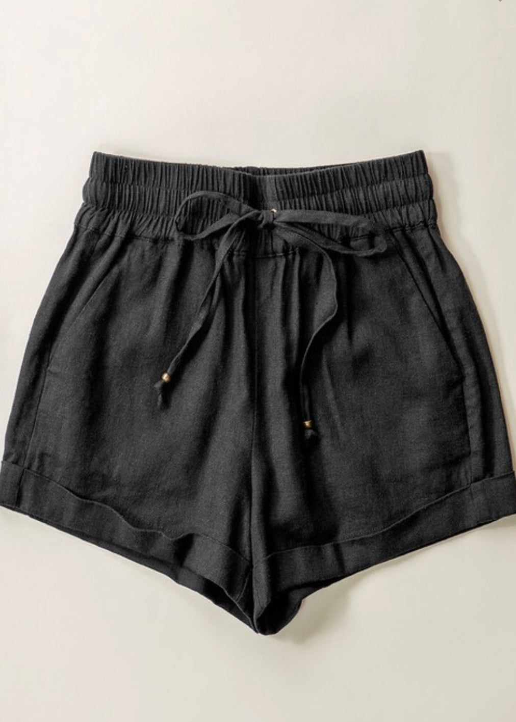 Love Tree Drawstring Smocked waist women's Black Linen Shorts with pockets
