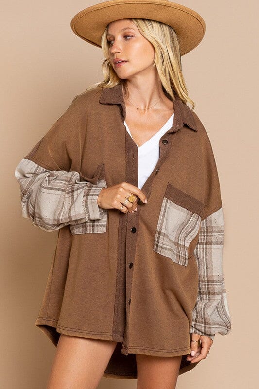 POL French Terry Plaid Accent Shacket shacket POL CHOCOLATE MOUSSE S 