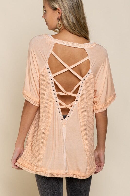 POL Studded Open Strap Top oversized shirt cutout detail POL SHELL CORAL S 