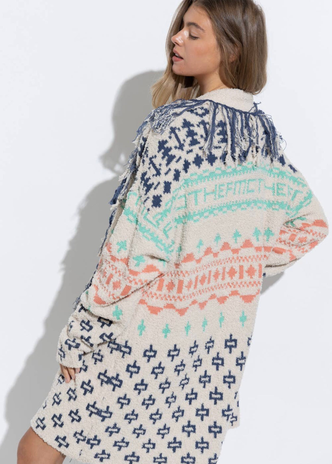 Blue Aztec Print Open Front Knitted Cardigan – Tack N More