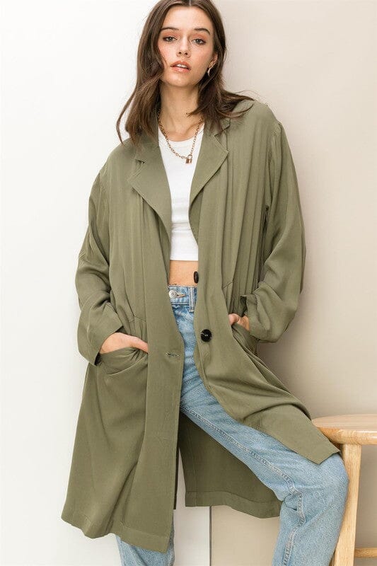 Right Round Button Front Oversized Coat rayon trench coat HYFVE OLIVE S 