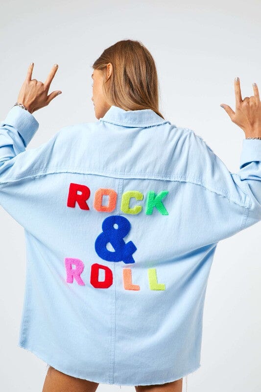 Rock & Roll Fringed Hem Shirt Shacket Davi & Dani Sky Blue S 
