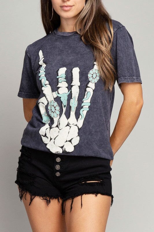 Skeleton Rock Hand Turquoise Rings Graphic Tee graphic tee Poet Street Boutique Vintage Black Mineral Wash S 